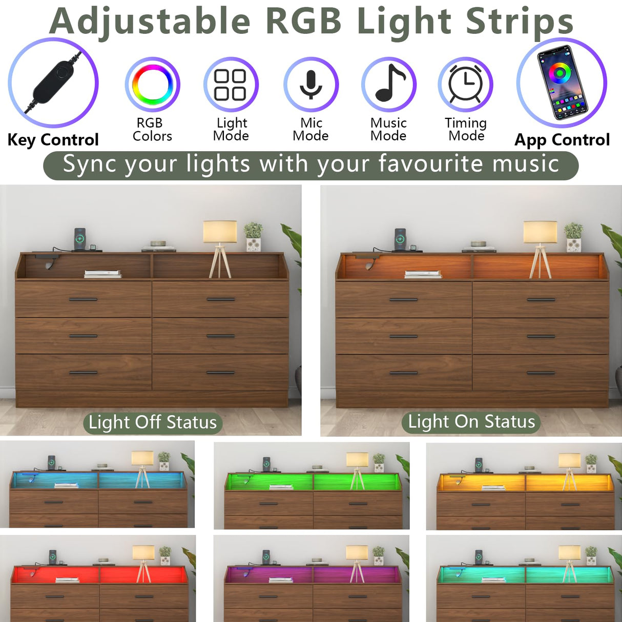 Gyfimoie 6 Drawer Dresser with Power Outlet, Chest of Drawers with LED Light, Modern Dresser with Open Storage Cubby, Double Wide Dressers Organizer for Bedroom, Living Room, Entryway,Hallway Gyfimoie