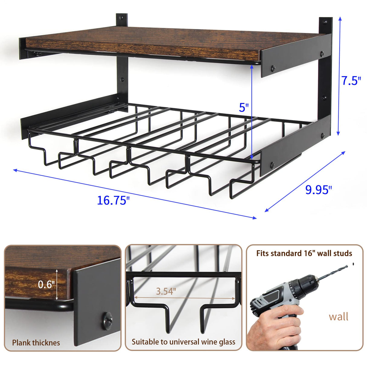 B4Life Wine Rack Wall Mounted with Stemware Rack, Wine Glass Rack Wall Mounted,Holds 8 x Glasses and 7 x Wine Bottles, Wall Wine Rack with Wine Glass Holder B4Life