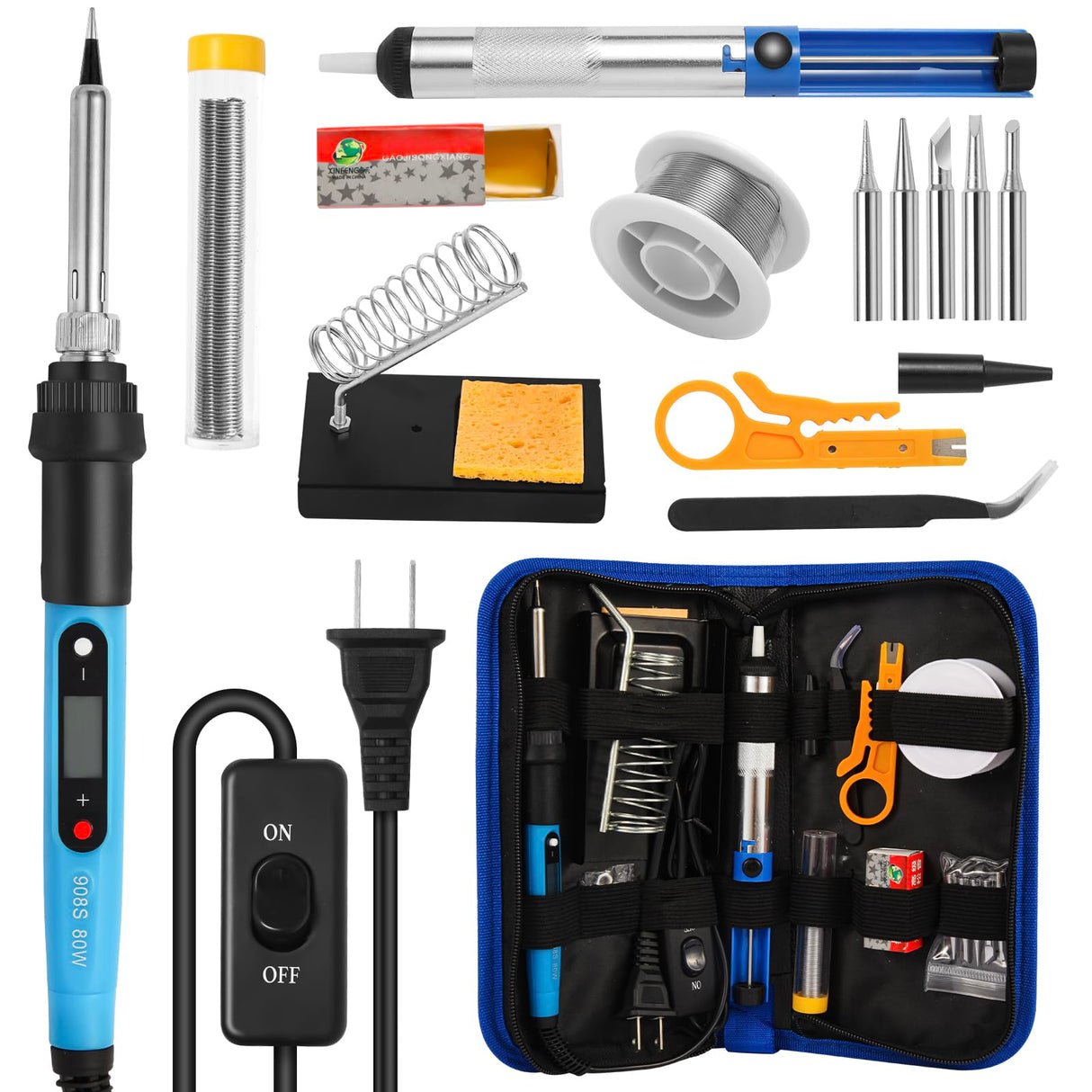 FEITA Soldering Iron Kit for Electronics, 14 in 1 Welding Tools Kit with Switch 80W LCD Adjustable Temperature Solder Iron, 2 Solder Wire, Flux, 5 Soldering Tips, Desoldering Pump, Stand, Tweezers FEITA