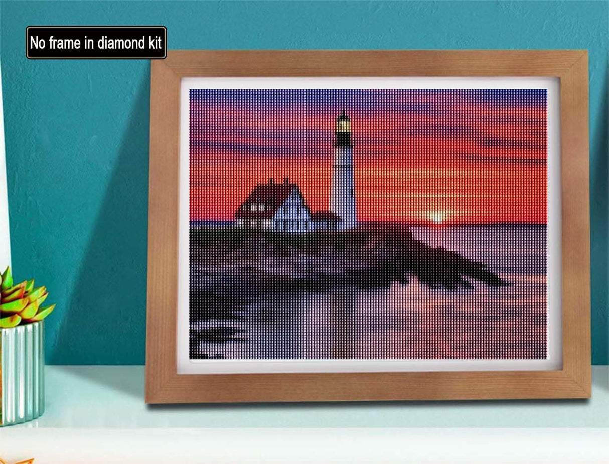 SKRYUIE 5D Diamond Painting Sunset Reef Lighthouse Full Drill by Number Kits, DIY Rhinestone Pasted Paint Set for Arts Craft Decoration 30x40cm(12x16inch) SKRYUIE