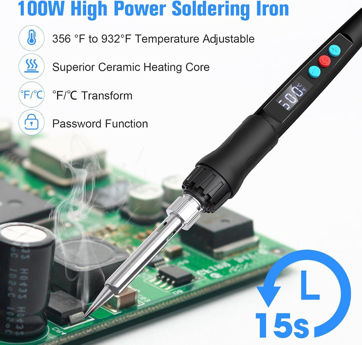 Soldering Iron Kit, 100W LED Digital Solder Gun kits with Ceramic Heater, Adjustable Temperature Welding Tools with Tips, Wick Braid, Stand, Solders Wire, Sponge, Flux Paste, Black Q-MING