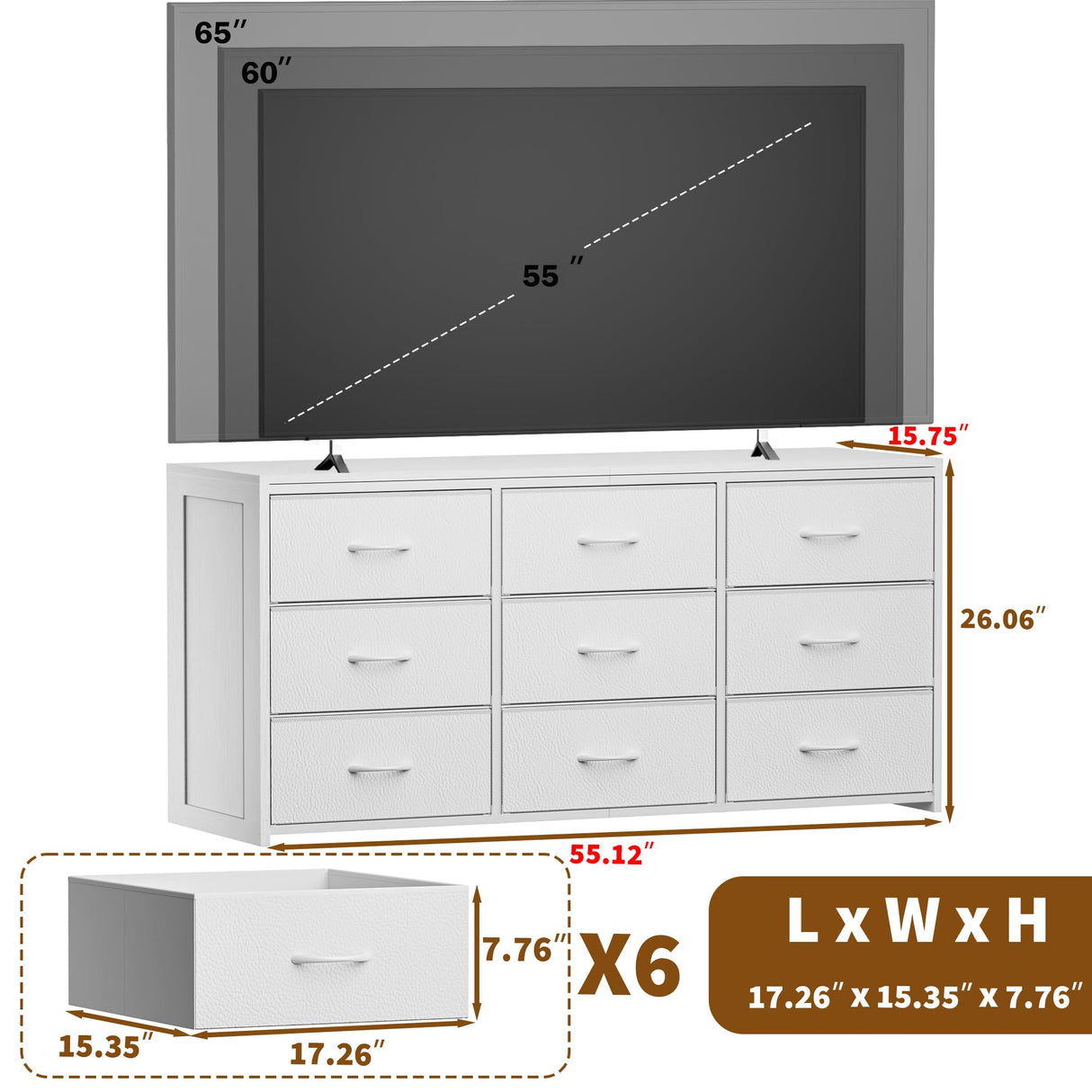 OURPIC Dresser for Bedroom with 9 Drawers, 55 Inch White Dresser TV Stand for 55, 60, 65 Inch TV, Wood Top and Side, Fabric Drawers, Storage, Dressers for Closet, Living Room, Hallway, Entryway OURPIC