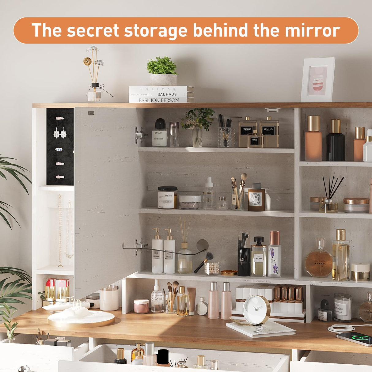 Vabches Farmhouse Makeup Vanity Desk with Mirror and Lights,White Vanity Table with Charging Station & Jewelry Storage,5 Drawers & 2 Cabinets,Dressing Table with Hidden Storage & Open Shelves Vabches