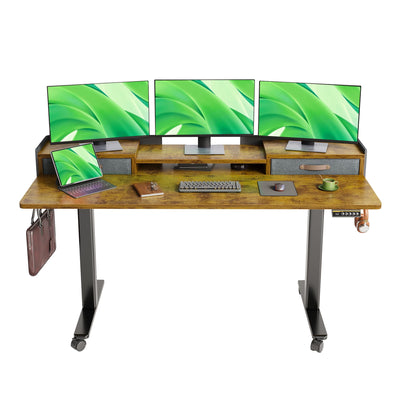 Claiks Standing Desk with Drawers, Adjustable Stand Up Electric Standing Desk Adjustable Height, Sit Stand Desk with Storage Shelf and Splice Board, 63 Inch, Rustic Brown