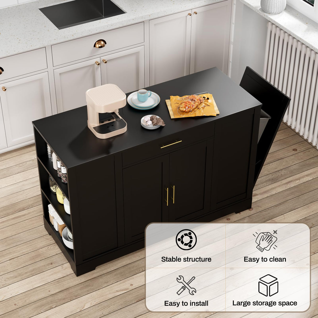 MAMIZO 53" Kitchen Island with Storage, Kitchen Cart W/Tilt Out Trash Can Holder & Solid Wood Top, Breakfast Bar W/3-Layer Side Shelf, Large Storage Cabinet W/Adjustable Shelve, Spice Rack, Drawers MAMIZO