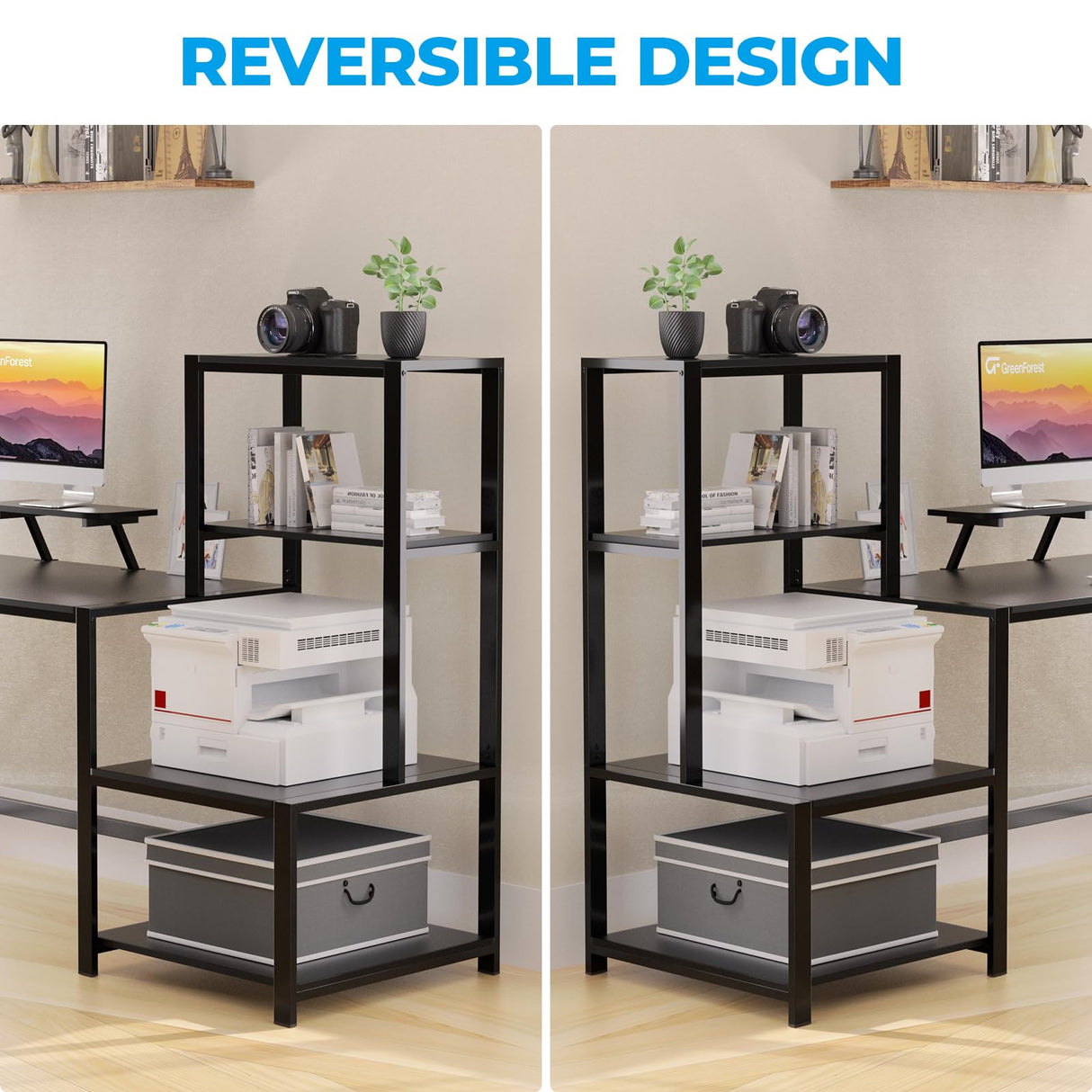 GreenForest Computer Desk 67 inch with Storage Printer Shelf, Reversible Gaming Home Office Desk Large Study Writing Table with Movable Monitor Stand and 2 Headphone Hooks for PC Working, Black GreenForest