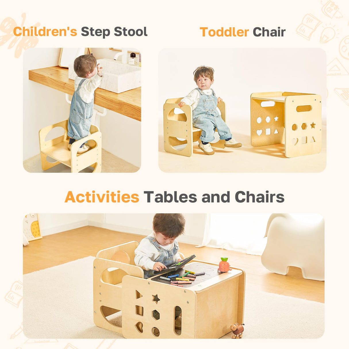 2 in 1 Montessori Weaning Table and Chair Set, Wooden Toddler Table and Chair Set with Blackboards, Adjustable Height Chair Step Stool,1-3 Year Old Kids Montessori Furniture for Boys and Girls Yojoker