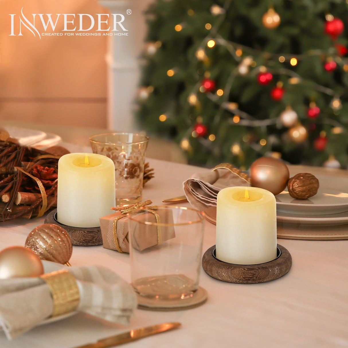 Wood Candle Holders Candle Plate: 2 Pcs Wooden Candle Plate for Pillar Candles Farmhouse Candle Tray Candle Holder Set Small Rustic Candle Holder Plate Stand Dish for Event Home Inweder