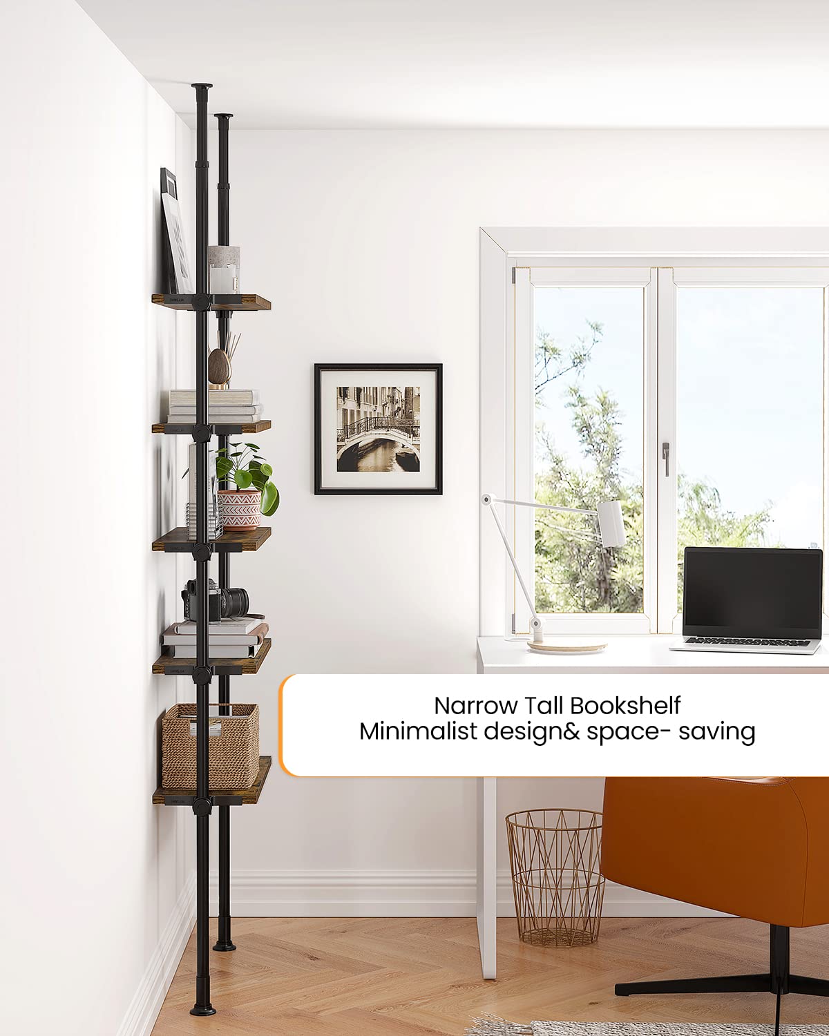 ALLZONE Rustic Brown 5-Tier Adjustable Ladder Bookshelf with Floor-to-Ceiling Tension Mount ALLZONE