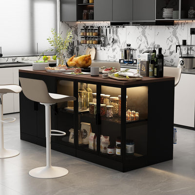 TAMUNE 77” Kitchen Island with Glass Doors and Light, Large Kitchen Storage Island with Drawers and Shelves, for Home Bar Black and Brown 30.3”D x 77.6”W x 36.6”H
