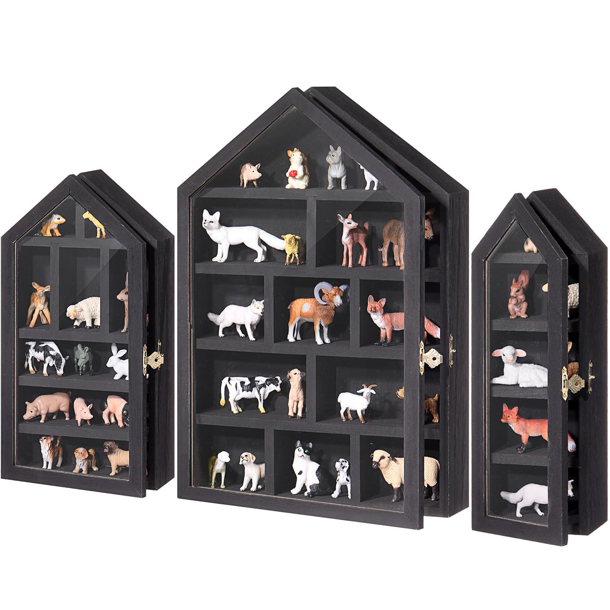 DoubleFill Set of 3 Shadow Cubby Boxes Wooden House Shaped Display Shelf 10 x 15 Inch Large Wall Mounted Display Storage Shelves for Mini Figures Curio Trinket Medals Crafts Collections(Black) DoubleFill