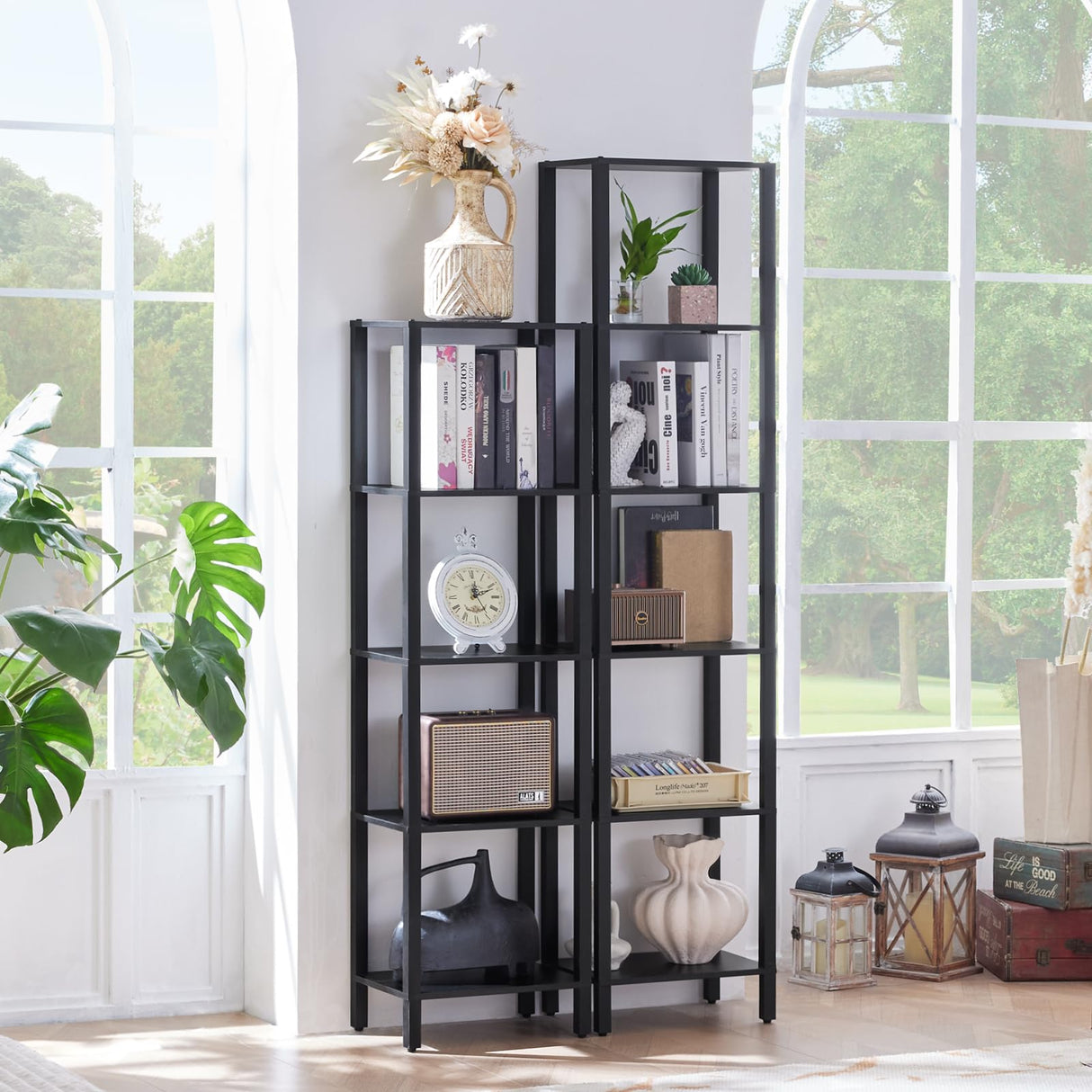 YUFAM 54in Tall Bookshelf 5-Tier Small Narrow Bookcase, Skinny Book Shelf for Small Space, Farmhouse Slim Shelf with Storage, Wood Freestanding Display Thin Bookshelves for Living Room, Office, Black YUFAM