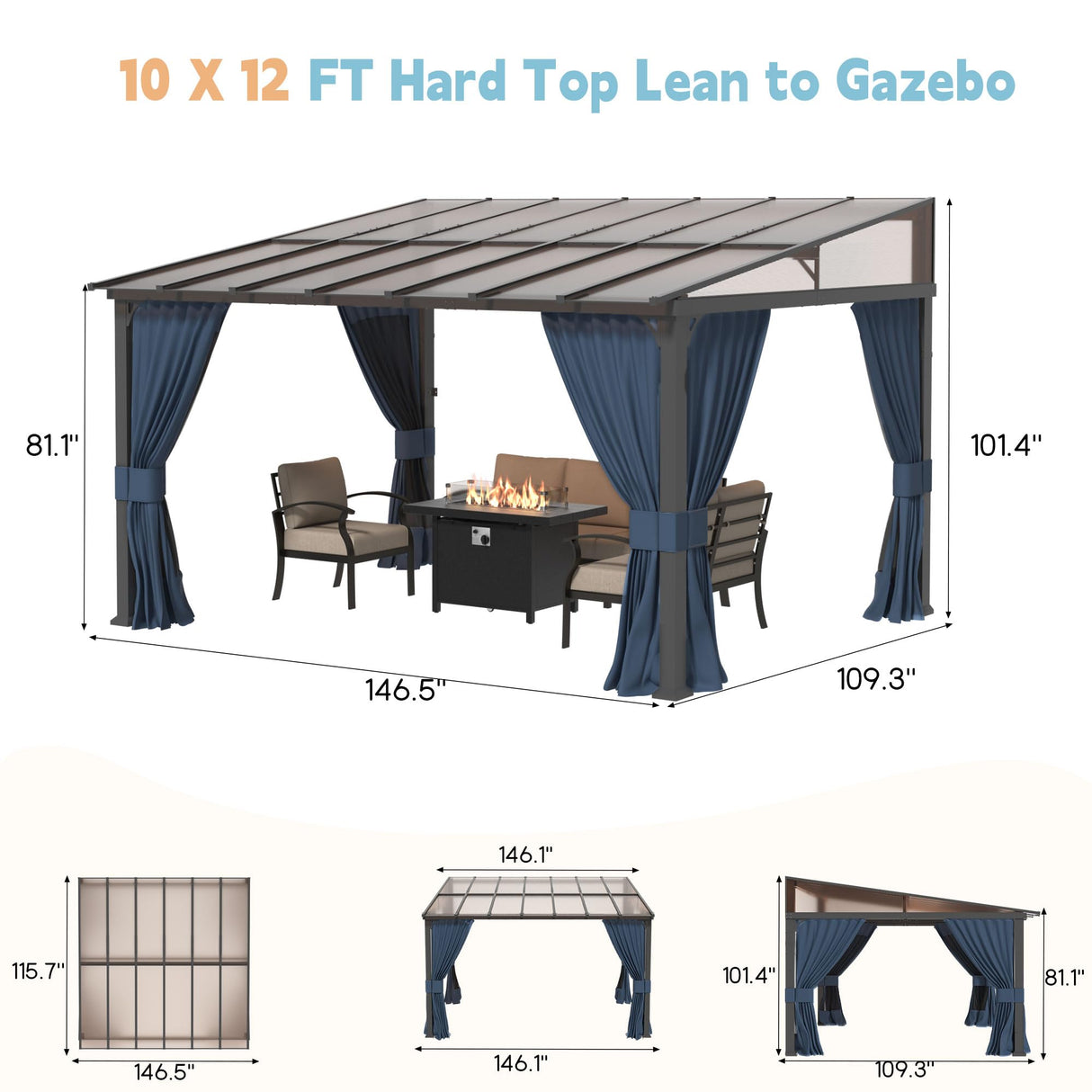 RTDTD 10' x 12' Gazebo,Hard Top Lean to Gazebo Wall Mount Heavy Hardtop Gazebo Outdoor Pergola with Curtains and Netting for Patio Garden Lawn Backyard Deck (Navy) RTDTD