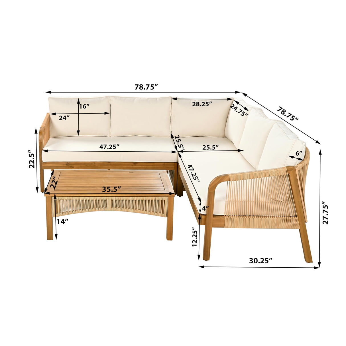 Merax 4-Pieces Outdoor Acacia Wood Patio Sectional Sofa Set, L Shape Couch with Coffee Table, Deep Seating with Soft Cushion, for Garden, Teak+ Beige Merax