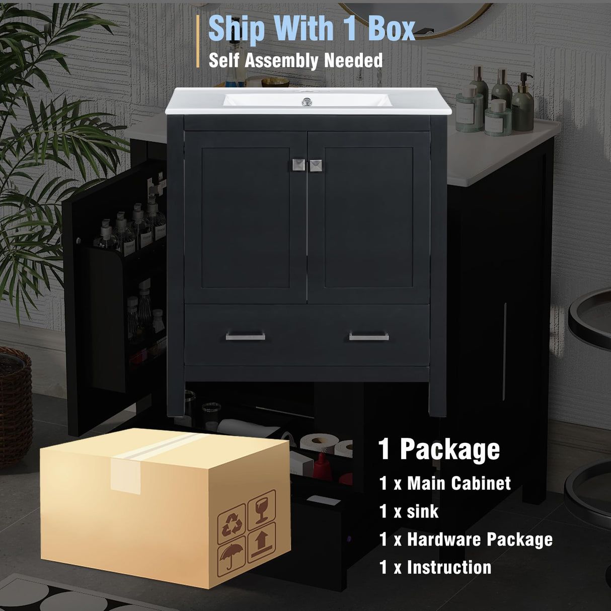 Mirightone 30 in Bathroom Vanity with Sink, Bathroom Vanity 30 Inch with Sink, 30 Vanity with Sink for Bathroom, 30" Restroom Sink Vanity with Cabint, Door Shelf and Drawer for Bathroom (Black) Mirightone