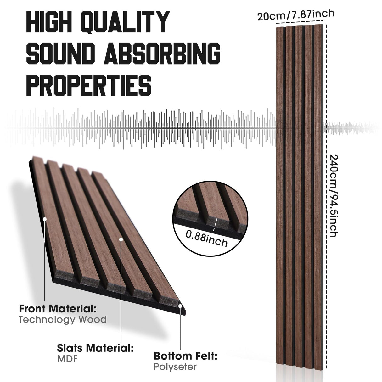 Frienda 6 Pcs 94.5 x 7.9 Inch Acoustic Wood Wall Panels Decorative Soundproof Wall Panels 3D Slat Wood Panels for Home Office Cinema Interior Wall Decoration (Walnut Wood) Frienda