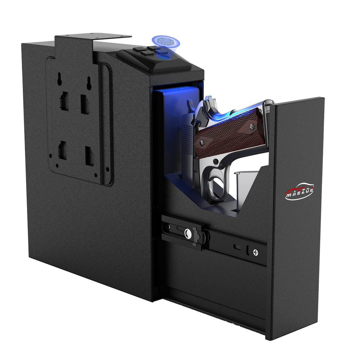 MAEZOE Gun Safe Biometric Pistol Safe with Quick Access Sliding Door, Mounted Nightstand Fireproof Handgun Safe & Gun Lock Box for Truck, Desk, Bedside, Wall with Fingerprint, PIN Code, KEY Access MAEZOE