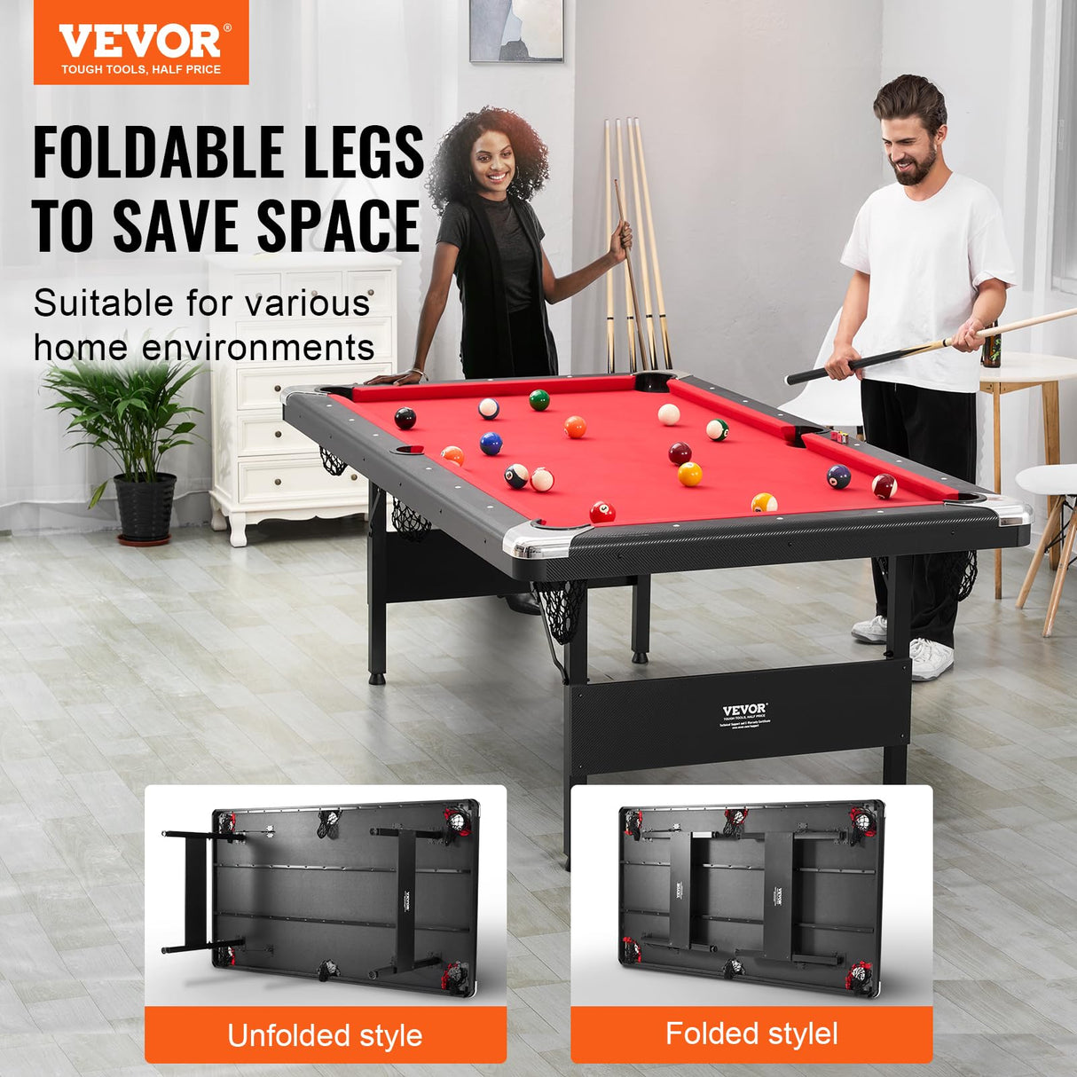 VEVOR Billiards Table, 7 ft Pool Table, Portable Foldable Space-Saving Table, Billiard Table Set Includes Balls, Cues, Chalks and Brush, Black with Red Cloth, Perfect for Family Game Room Kids Adults VEVOR