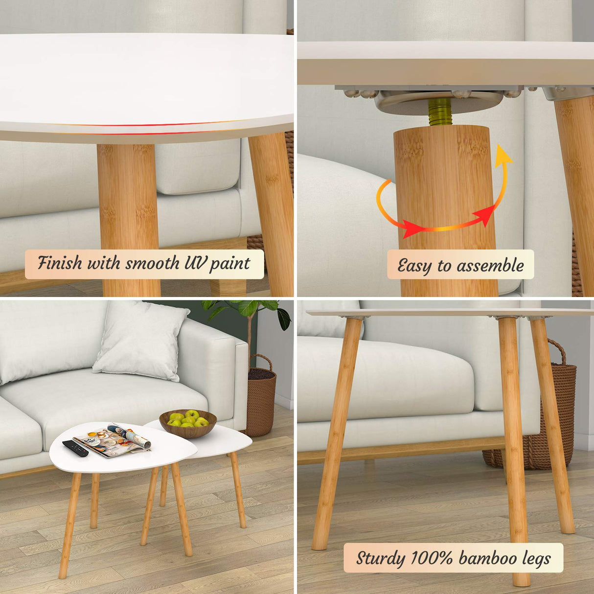 Bamboo White Nesting End Table - Side Tables Living Room Tables, Nesting Tables Set of 2 Small Coffee Table, Modern Minimalist Triangle Center Table for Sofa Bedside Bedroom Apartment Ofiice Bambloom