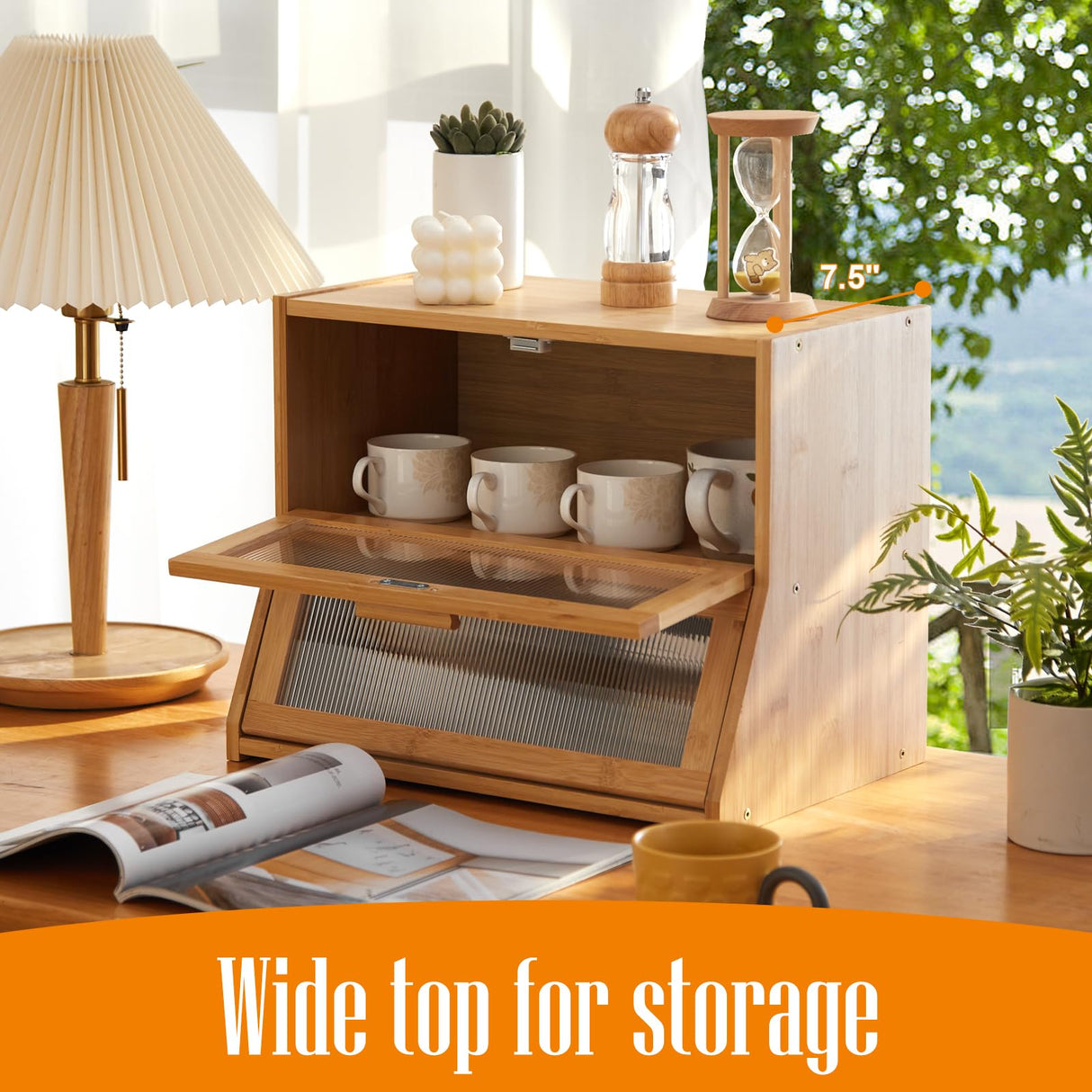 GHWIE Double Layer Bamboo Bread Box for Kitchen Counter,Large Capacity Bread Storage Bin,Bread Container with Acrylic Wavy Door Panel,Natural GHWIE