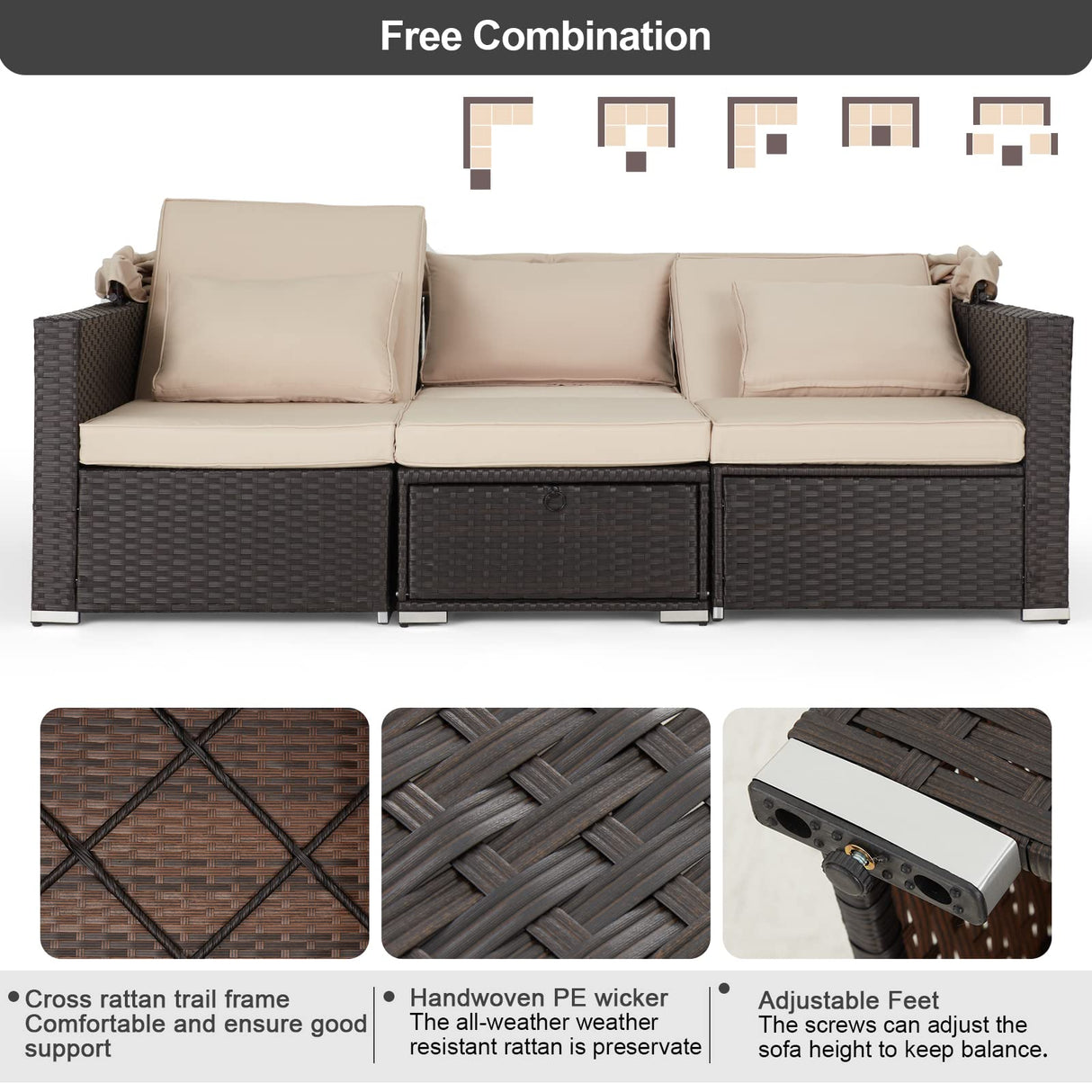 Vicluke 6 Pieces Patio Furniture Sets Outdoor Sectional Sofa Set Rattan Daybed with Retractable Canopy, Adjustable Backrest, Storable Tea Table Rectangle Sunbed for Backyard Garden Poolside(Khaki) Vicluke