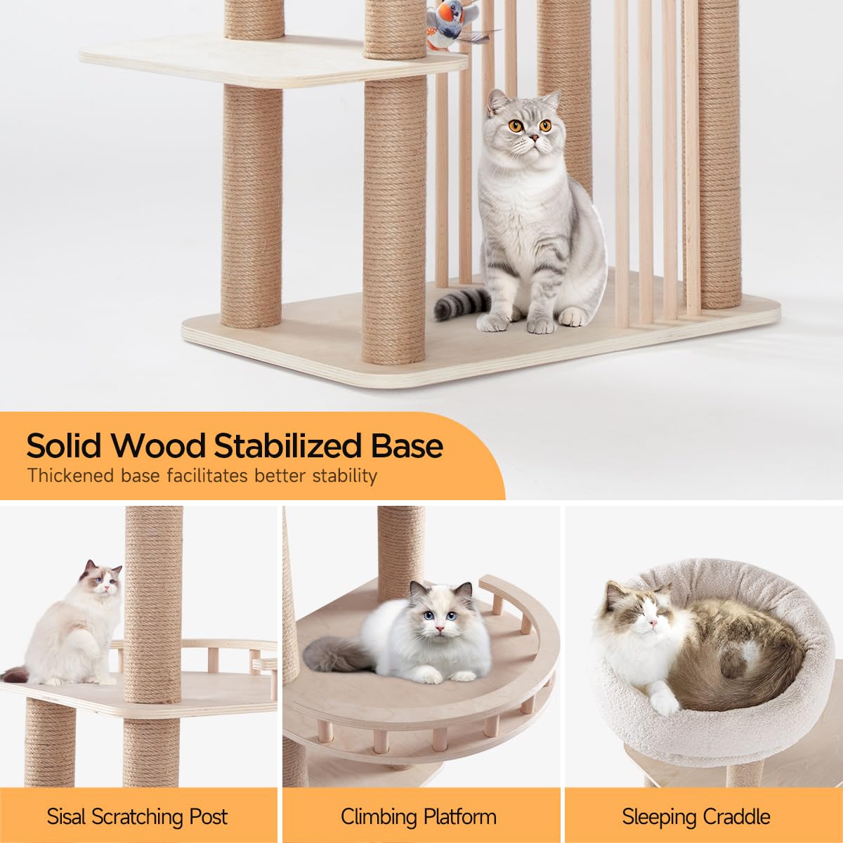 GIMU 68" Large Cat Tree, Solid Wood Multi-Level Cat Tower with Scratching Posts, Fun Toys, and Washable Plush Platform for Indoor Cats GIMU