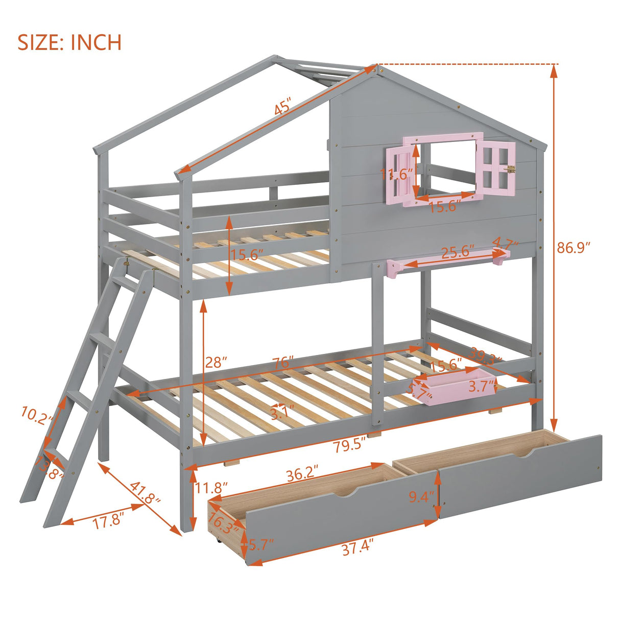 Harper & Bright Designs House Bunk Bed for Kids, Twin Over Twin Bunk Beds with Storage Drawers & Shelf, Solid Wood Bunk Bed with Roof & Window for Kids Girls Boys Teens,Gray Harper & Bright Designs