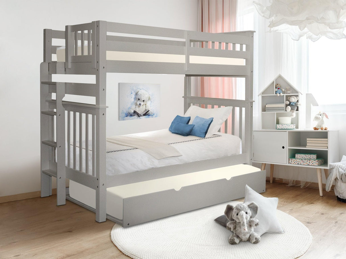 Bedz King Tall Bunk Beds Twin over Twin Mission Style with End Ladder and a Twin Trundle, Gray Bedz King