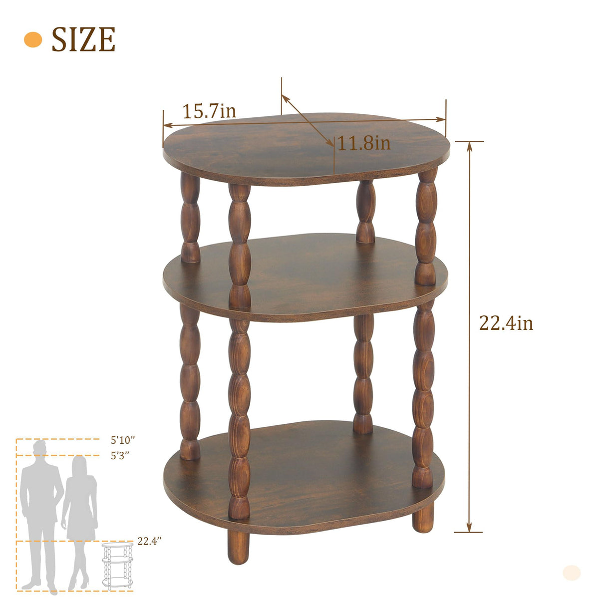 MaxSmeo Side Table, 3-Tier Small End Table, Modern Oval Night Stand Accent Table for Living Room, Bedroom, Rustic Brown MaxSmeo