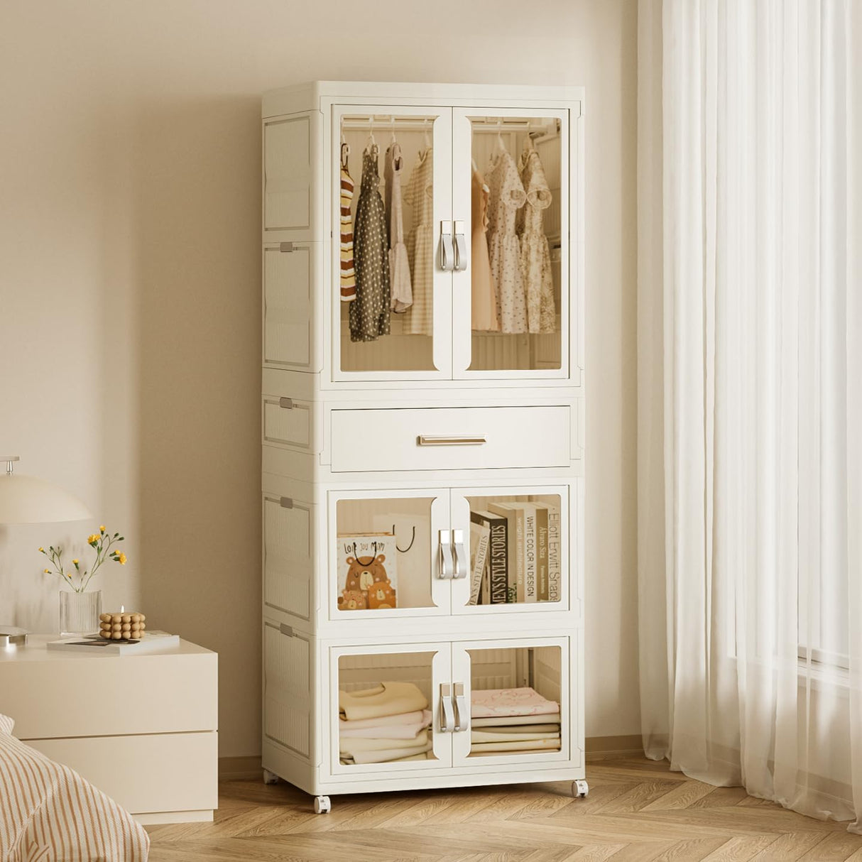 MU TU HD Large Portable Kids Closet Children's Armoire Adults Clothes Wardrobe Closet with Drawers and Doors, Collapsible Baby Costume Storage Organizer Kids Dress Up Storage Cabinet with Hanging MU TU HD