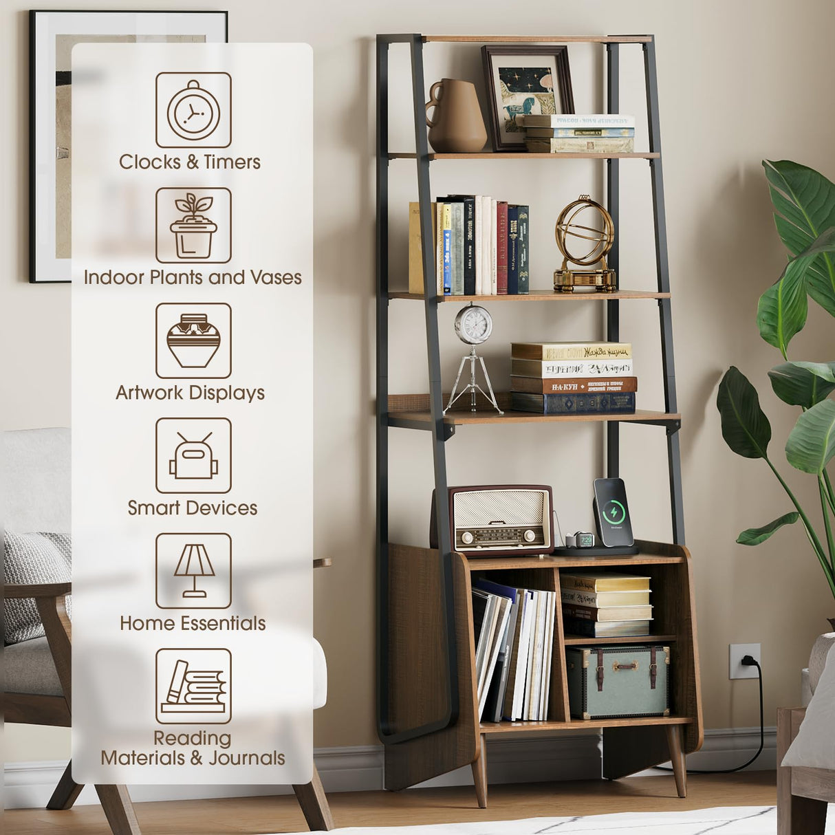 JOINICE 5-Tier Ladder Bookshelf with Cabinet,Mid Century Modern Bookshelf with Adjustable Shelf,Tall Bookshelf with Charging Station,Wood and Metal Display Rack for Living Room,Bedroom,Office,Walnut JOINICE