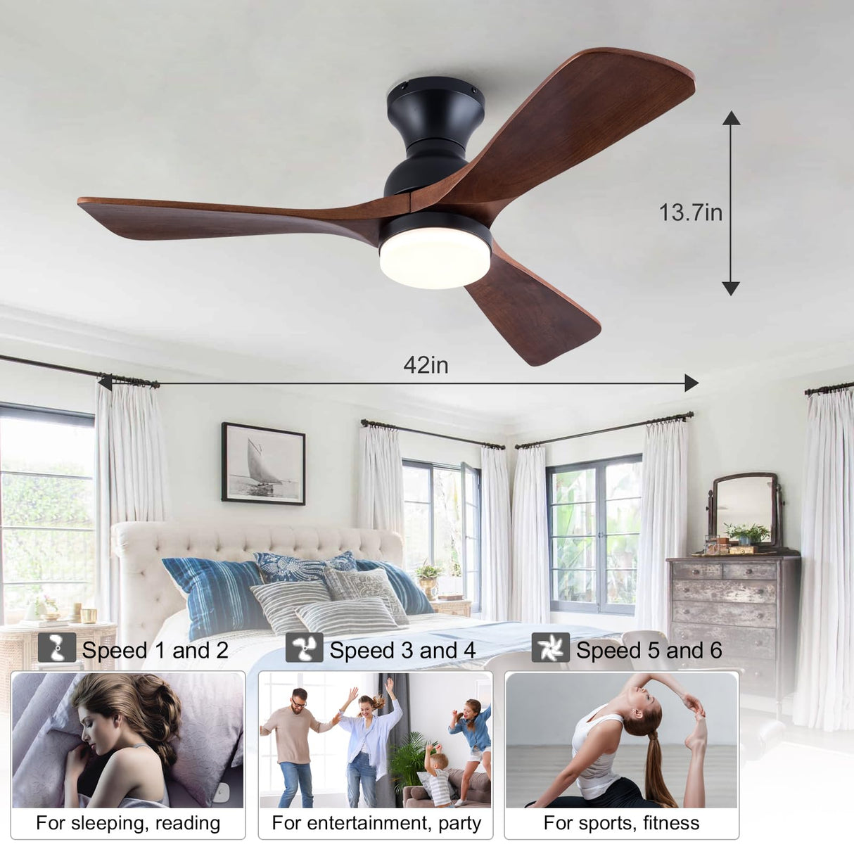 XBIBI 42 Inch Low Profile Ceiling Fan with Light and Remote, Dimmable LED Light, Quiet DC Motor Flush Mount Ceiling Fan, Wood Hugger Ceiling Fans with Lights, Indoor Outdoor Black Ceiling Fan XBIBI