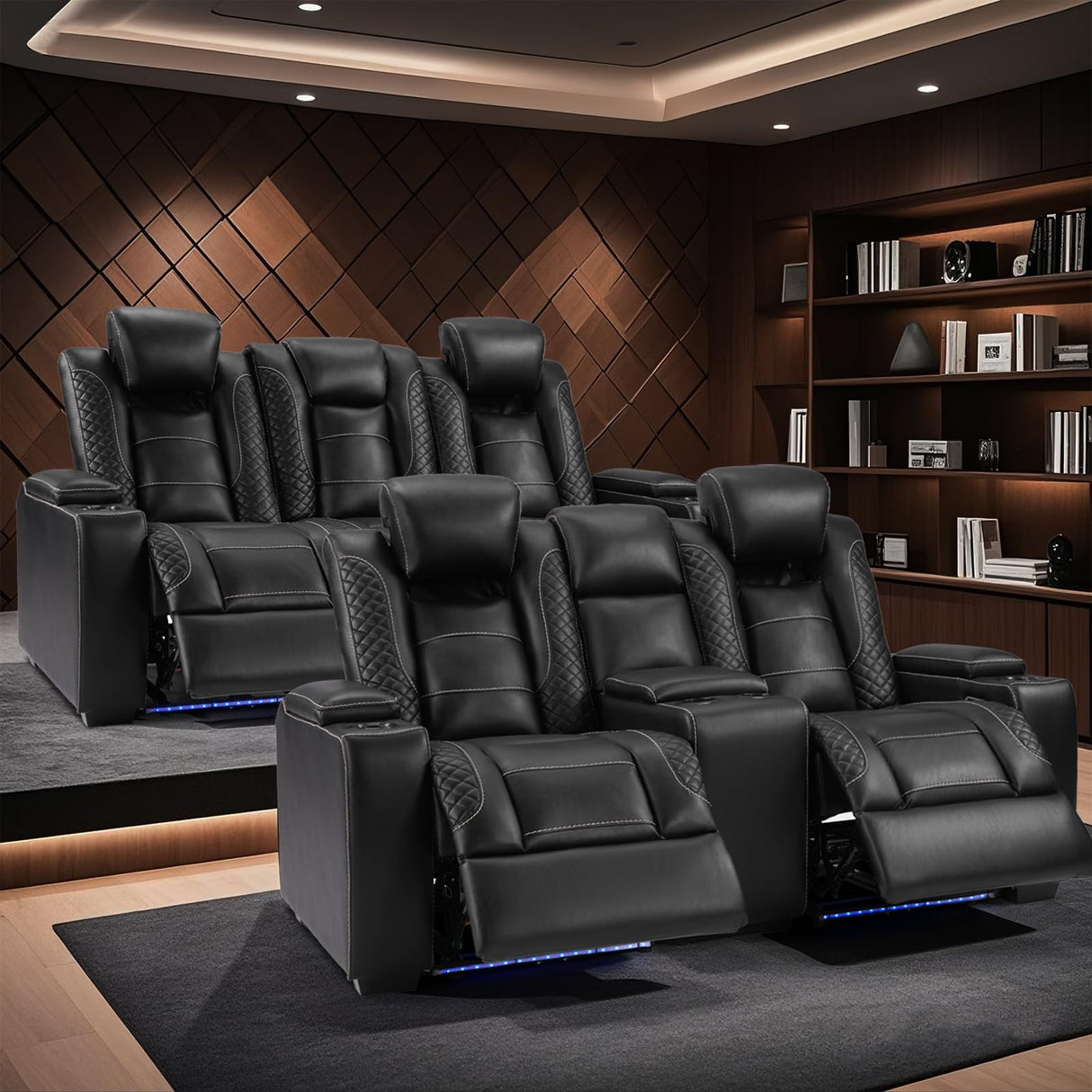 ANJ Modular Power Recliner Set: 5-Seat Home Theater Seating with 2 Loveseats (Center Console & Fixed Middle), LED Lights, USB Charging, Faux Leather for Living Room (Black) ANJ