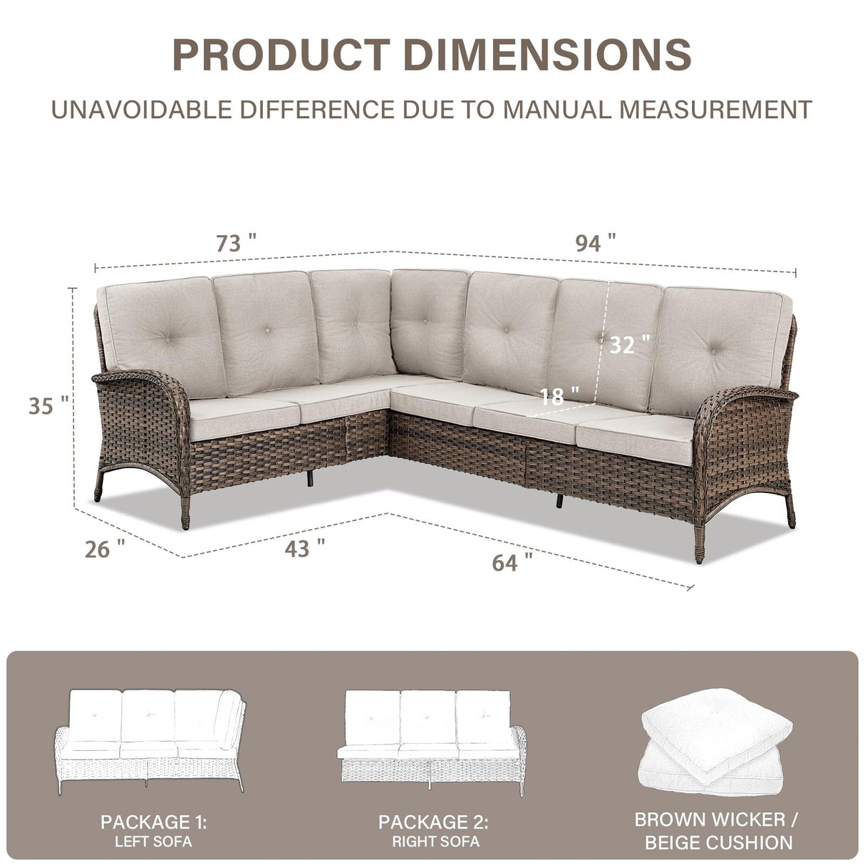 Belord 6-Seater Outdoor Sectional Sofa L Shaped Couch Patio Conversation Furniture Set, PE Wicker Patio Sectional Sofa with Removable Beige Cushion for Deck Sunroom Backyard Belord
