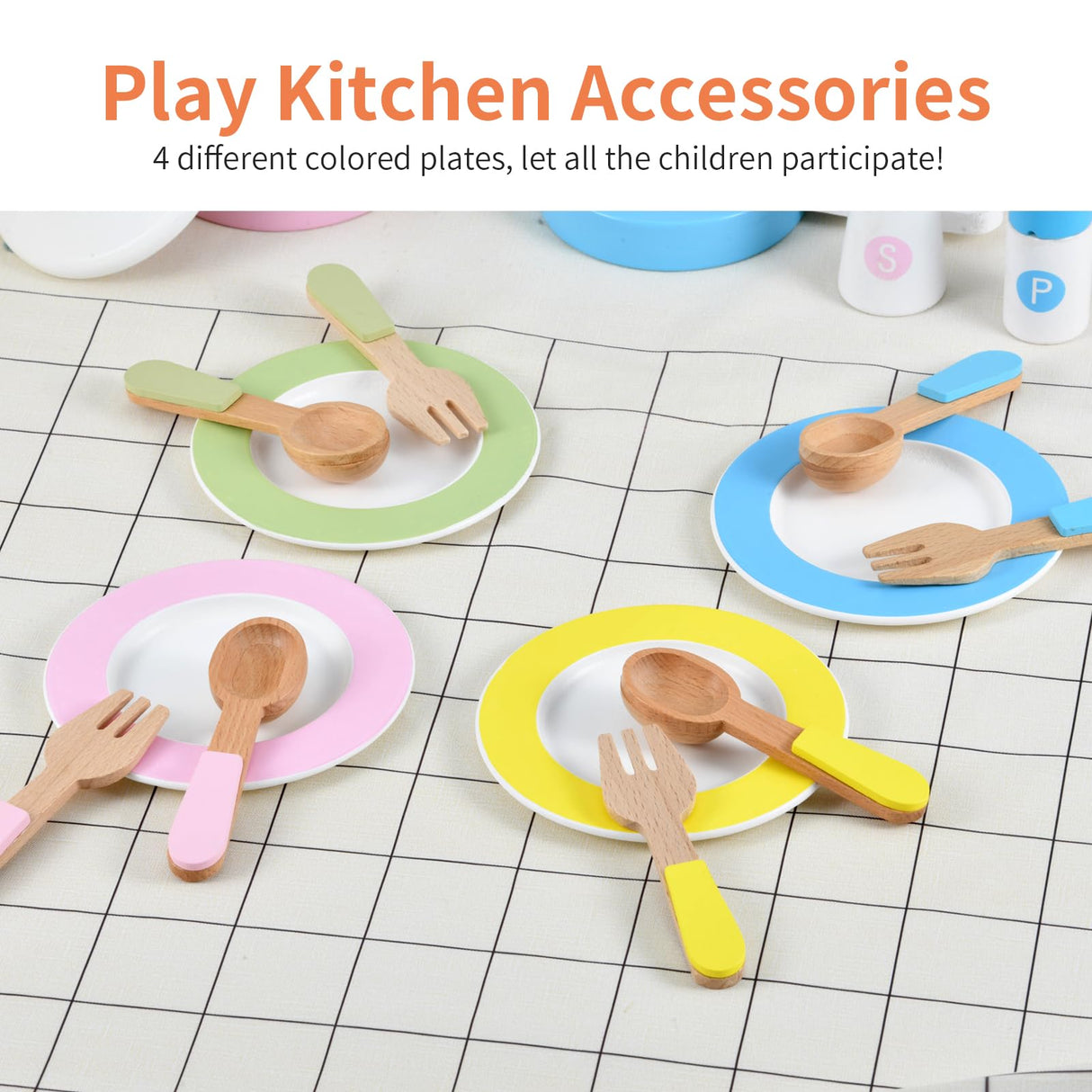 WHOHOLL Wooden Toy Kitchen & Play Dishes Set, Montessori Kitchen Toys for Girls and Boys, Pretend Play Kitchen Accessories Toddler Cooking Toys for Kids Ages 1-5 - Christmas Birthday Gift Sets WHOHOLL