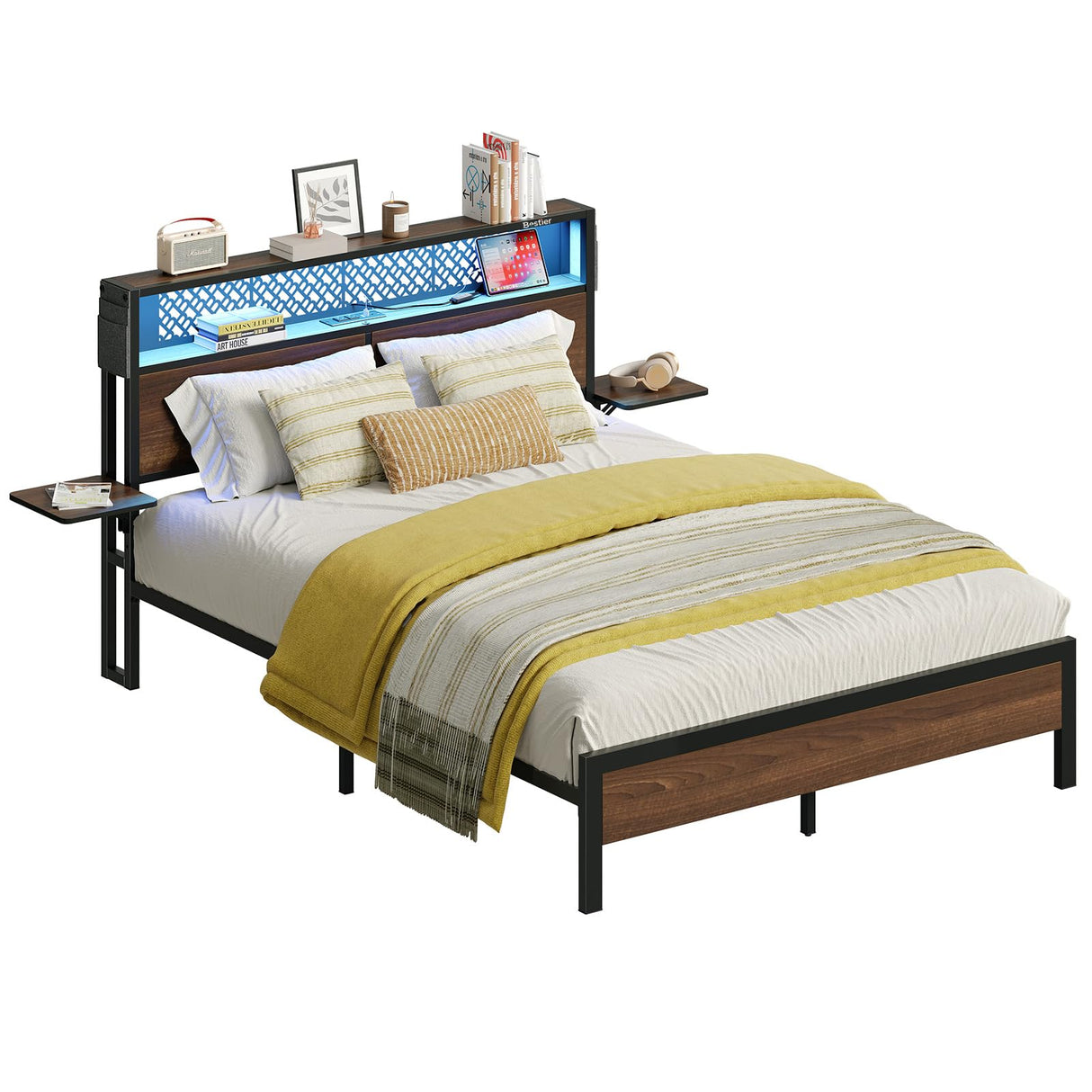 Bestier Walnut Queen Size Bed Frame with Headboard, Folding Bedside Shelves, Charging Station & LED Light Bestier