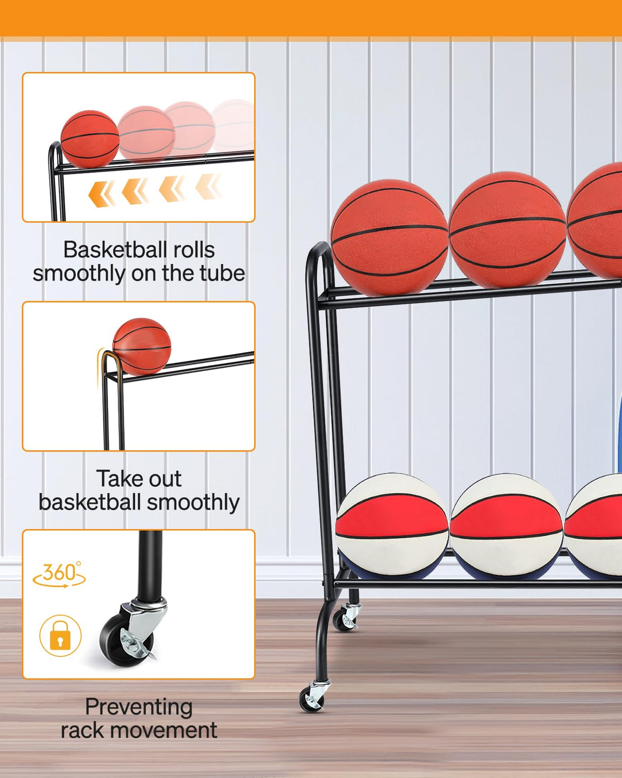 EXTCCT Tilt Basketball Rack Ball Storage Holder - Tilt Basketball Shooting Training Rack, Garage Sports Equipment Organizer, Outdoor and Indoor Rolling Balls Cart with Wheels EXTCCT
