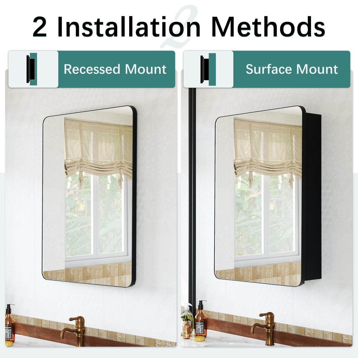 Recessed Medicine Cabinets for Bathroom with Mirror: 20x30 Wall Mount Mirrored Vanity Chest - 20 x 30 inch Large Storage Cabinet with Adjustable Shelves - Matte Black Frame GoTiling