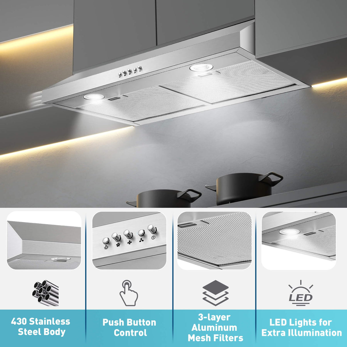 SNDOAS Under Cabinet Range Hood,Range Hood 30 inch Under Cabinet Stainless Steel Brushed,Ductless Range Hood Alterable to Ducted Ventilation,Stove Hood and Oven Vent Hood for Kitchen Cabinet SNDOAS