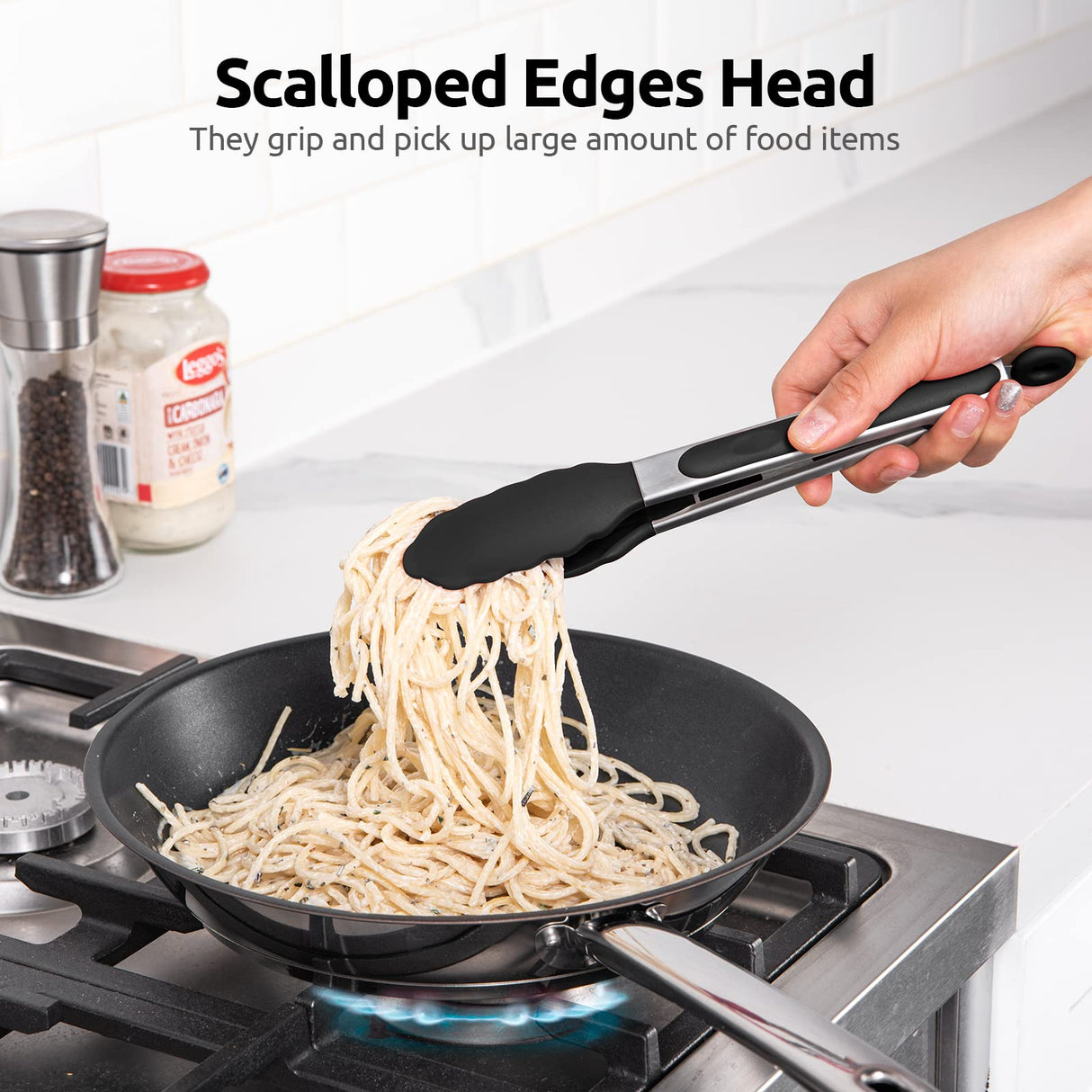 600ºF Heat Resistant Kitchen Tongs: U-Taste 9 inch Silicone Cooking Tong with Firm Sealed Non Stick Rubber Tips & Silicon Coated 18/8 Stainless Steel Handle & Smooth Locking for Serving Salad (Black) U-Taste