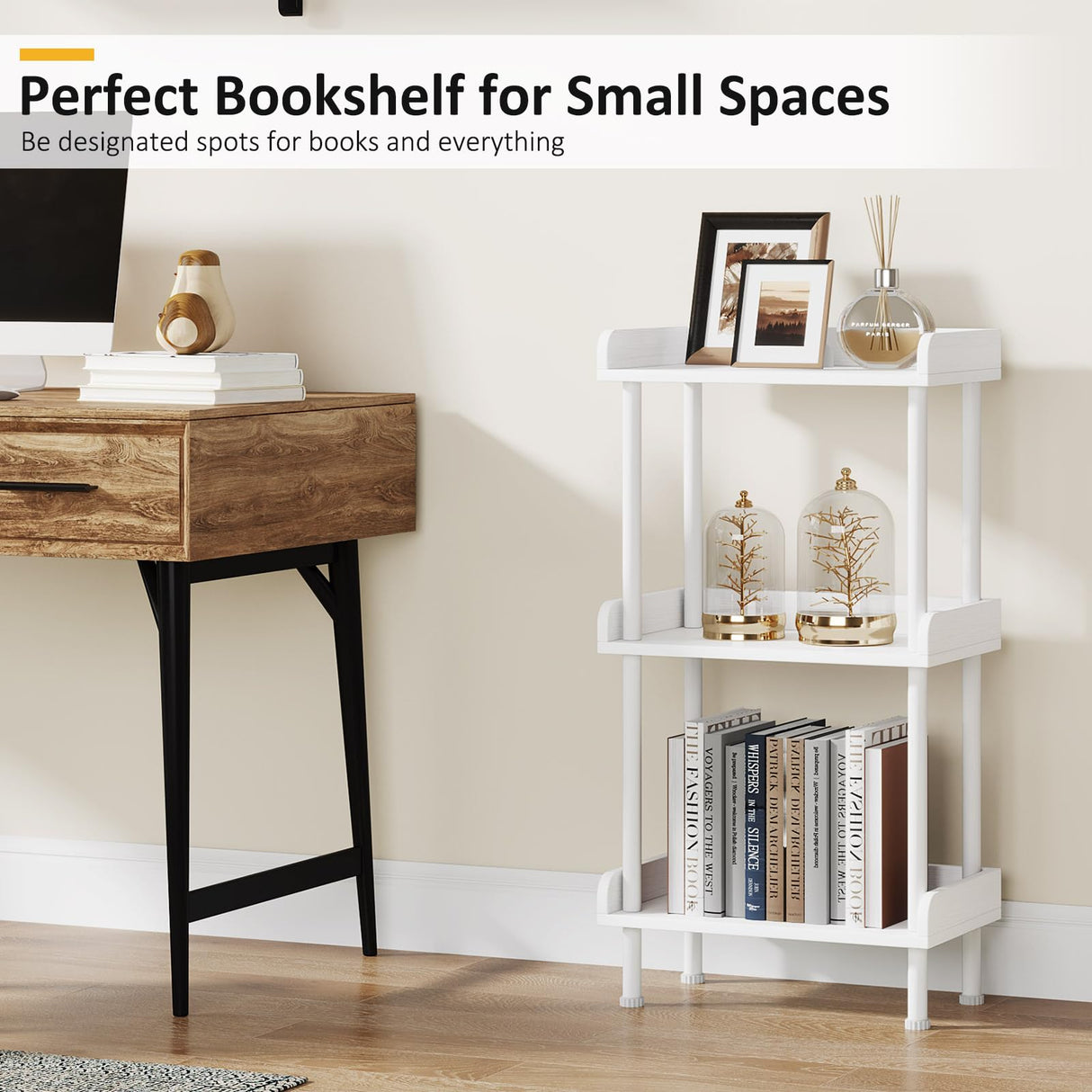 Hosfais Bookshelf Small Book Shelf - 3-Tier Wood Bookcase Industrial Bookshelf with Edge Protection Metal Standing Book Shelves Display Book Rack for Living Room Bedroom Home Office (White) Hosfais