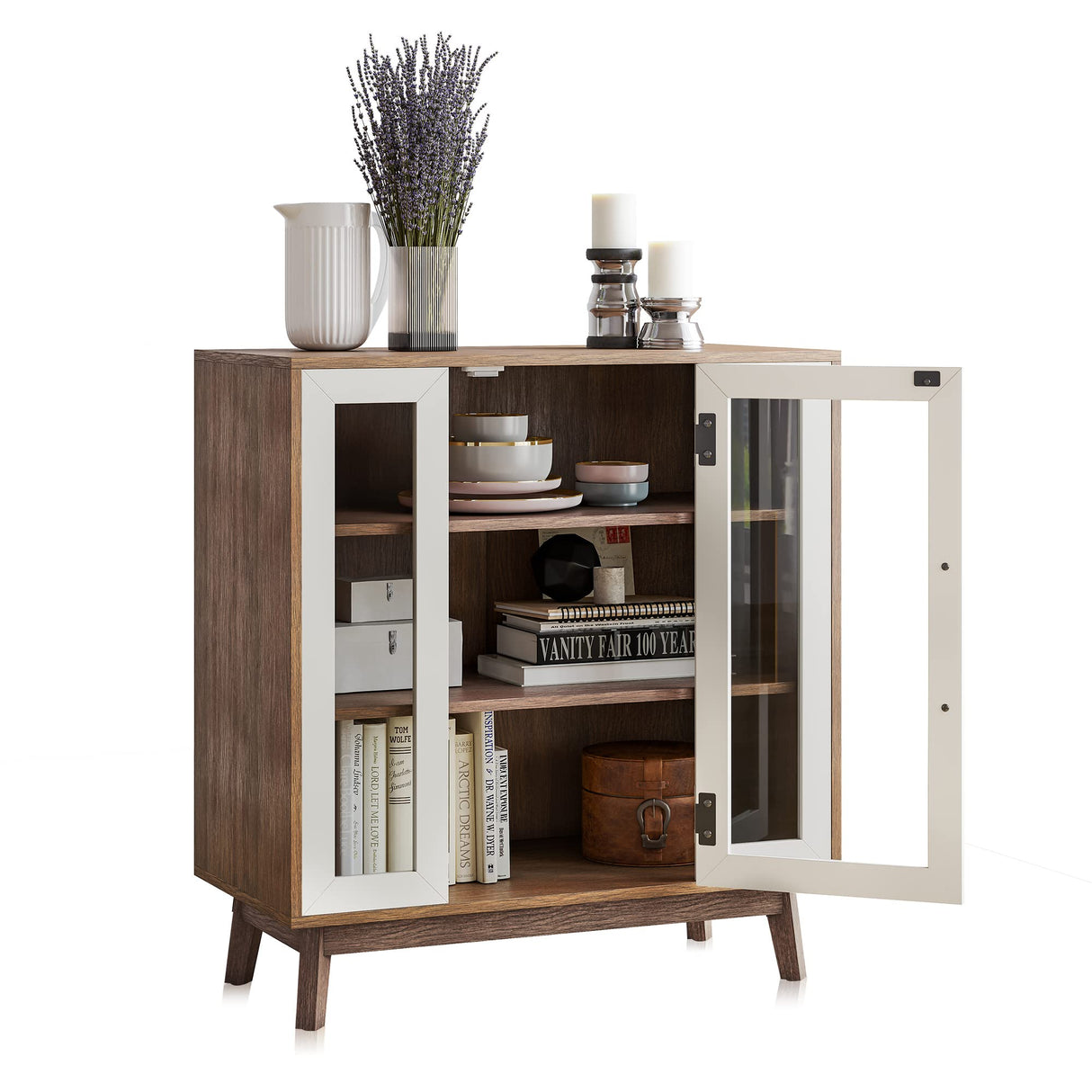 BELLEZE Sideboard Buffet Cabinet, Modern Curio Cabinet 3-Tiers Console Table for Kitchen Glass Display Cabinet Storage/Pantry Cabinet Coffee Bar for Living Room Entryway, White BELLEZE