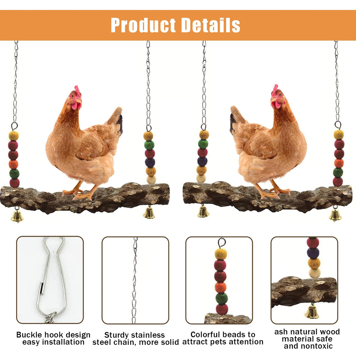 Chicken Bird Swing,Chicken Perch,Natural Wooden Swing Toys,Wood Stand for Chick,Safe and Relief of Stress,Chicken Coop Accessories,Coop Swing for Chicken Bird,Parrot,Hens (4pcs) MdakeGo