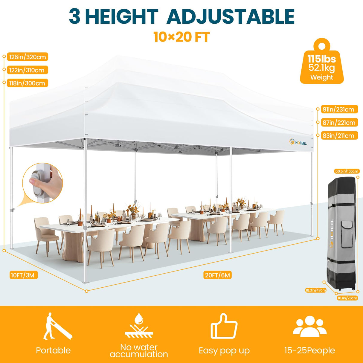 Hoteel Canopy 10x20 Heavy Duty Pop Up Canopy Tent with 6 Sidewalls,UPF50+ and Waterproof 1500mm,3 Height Adjustable,Upgraded Hexagonal Pipe,Commercial Instant Tent,for Picnic,Parties,Wedding,White Hoteel