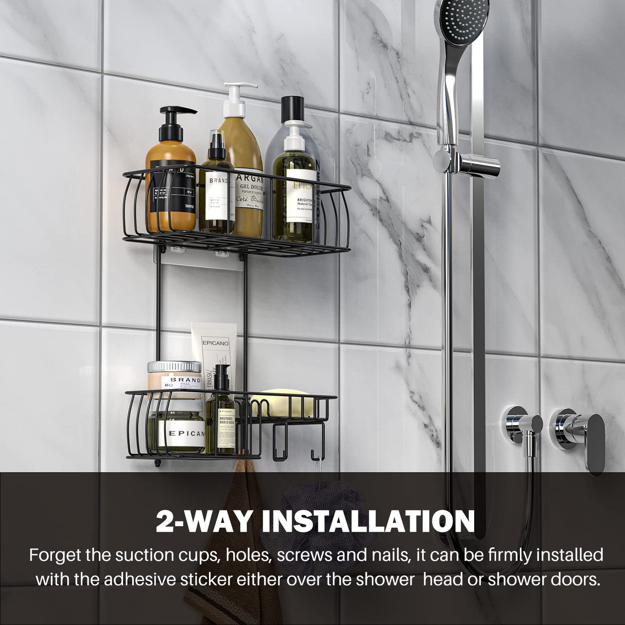 Epicano Shower Caddy Hanging, Anti-Swing Over Head Shower Caddy Rustproof with Hooks for Towels, Sponge and More, Matte Black Epicano