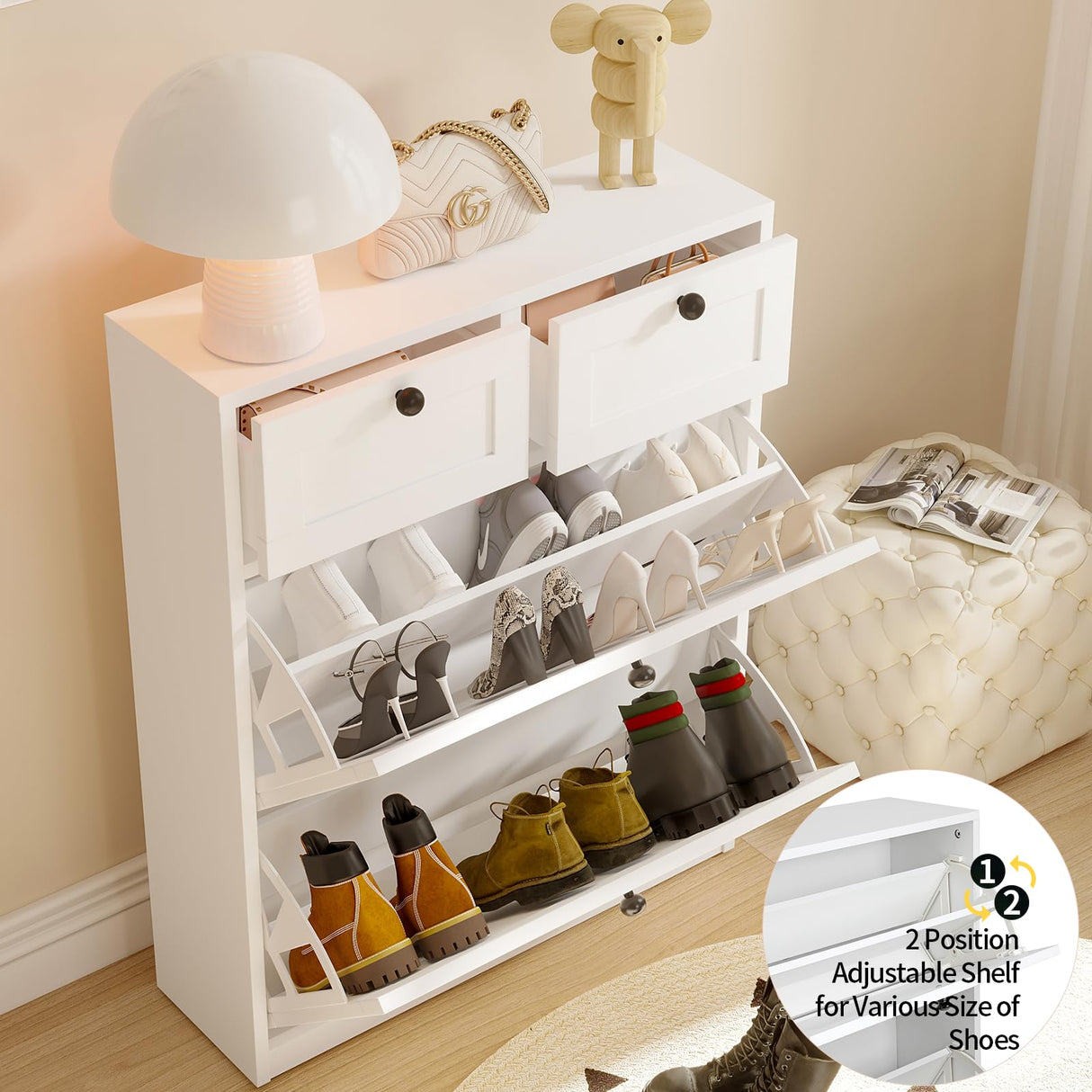 VOWNER Shoe Cabinet with 2 Flip Drawers & 2 Drawers, Freestanding Shoe Storage Cabinet with Adjustable Shelves, Shoe Organizer for Entryway, Hallway, Living Room (White) VOWNER