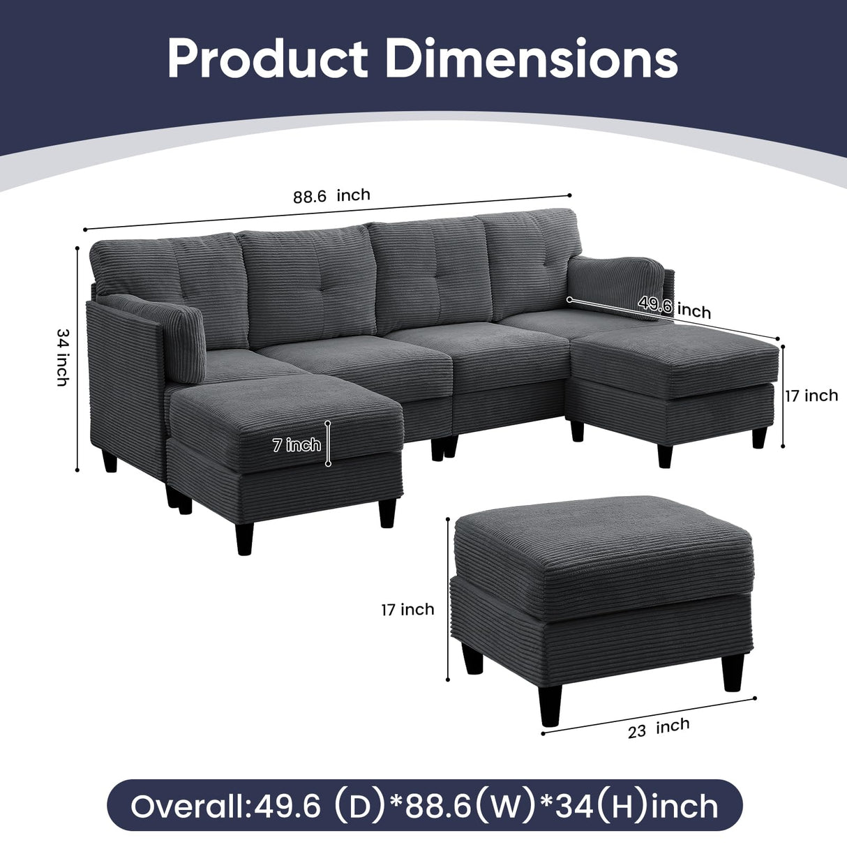 ijuicy Convertible U-Shaped Sectional Sofa with 2 Movable Ottomans, 4 Seat Sectional Couches for Living Room Furniture, Corduroy Comfy Couch for Small Spaces,Wood Frame & Thick Foam Cushion-Dark Grey ijuicy