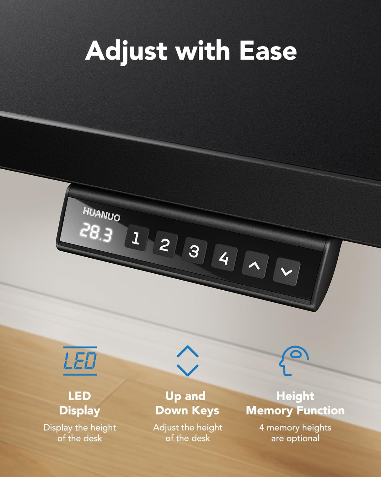 HUANUO Electric Standing Desk, 48" x 24" Whole Piece Desktop, Adjustable Height Computer Desk, 4 Height Memory Settings, Sit Stand Up Desk for Home Office, Black HUANUO