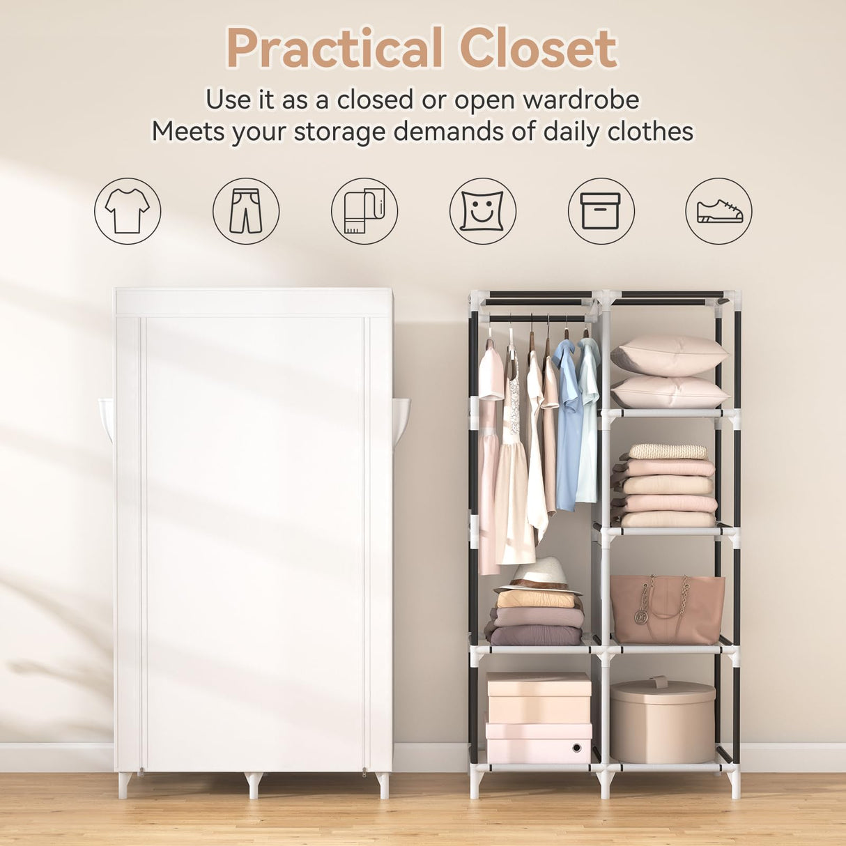 ROJASOP Portable Closet Wardrobe Closet for Hanging Clothes with 6 Storage Shelves, 1 Hanging Rod and 4 Pockets, Clothes Organizer and Storage Wardrobe Free Standing Closet for Bedroom, White ROJASOP