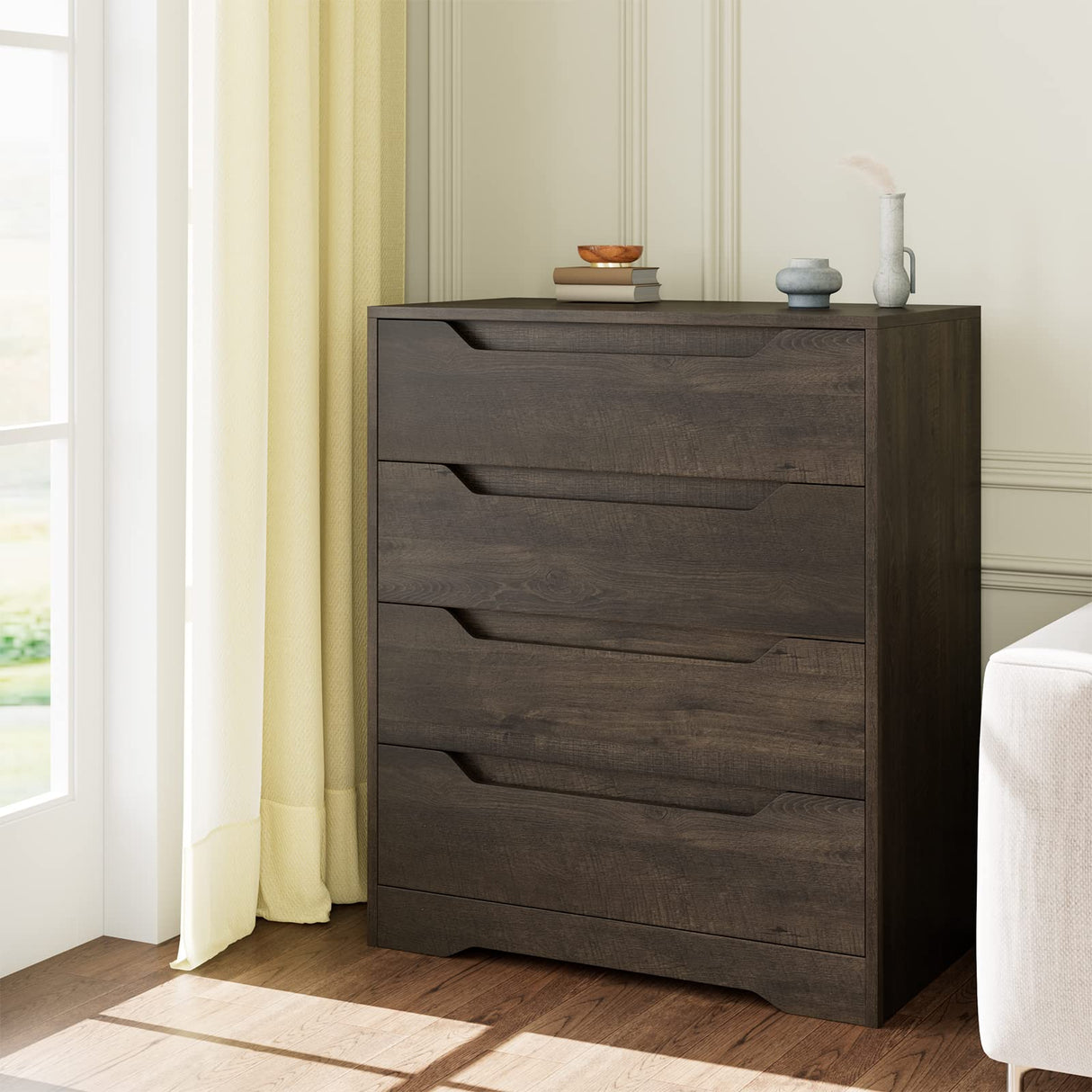 HOSTACK 4 Drawer Dresser with Cut-Out Handles, Accent Cabinet for Living Room, Entryway and Hallway, Dark Brown HOSTACK